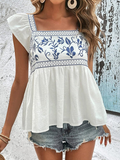 White Floral Embroidered Square Neck Peplum Top