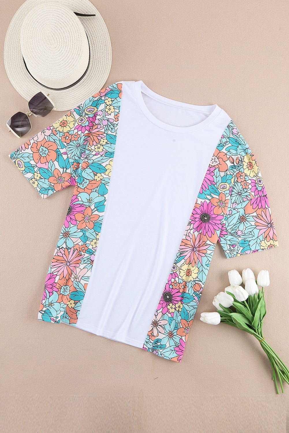 White Floral Patchwork Short Sleeve Tee - Southern Belle Style