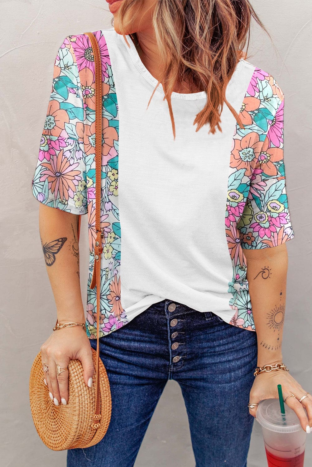 White Floral Patchwork Short Sleeve Tee - Southern Belle Style