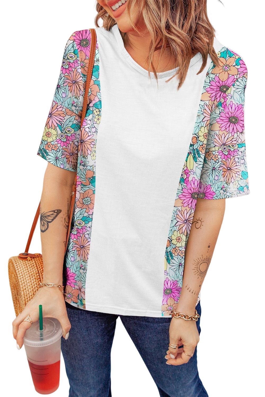 White Floral Patchwork Short Sleeve Tee - Southern Belle Style