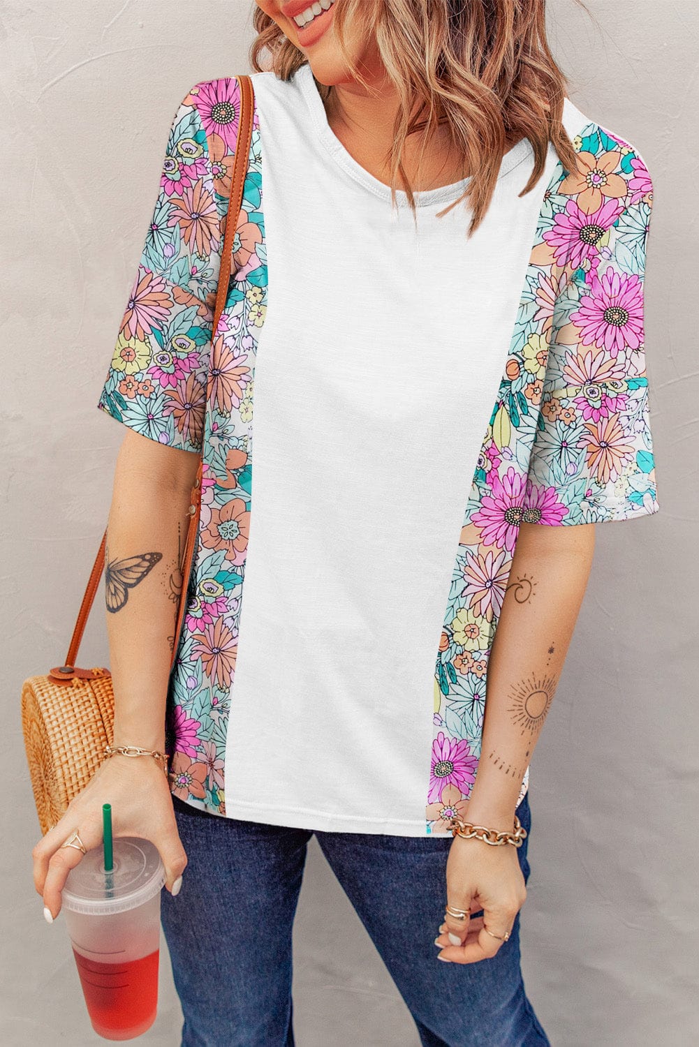 White Floral Patchwork Short Sleeve Tee - Southern Belle Style