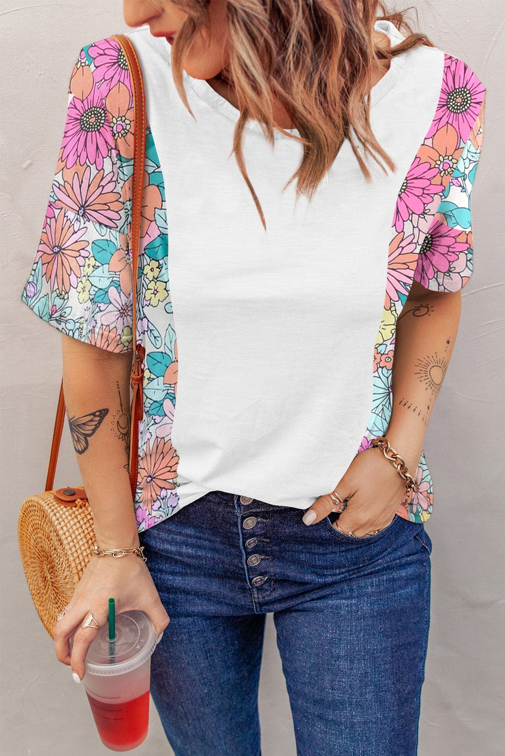 White Floral Patchwork Short Sleeve Tee - Southern Belle Style