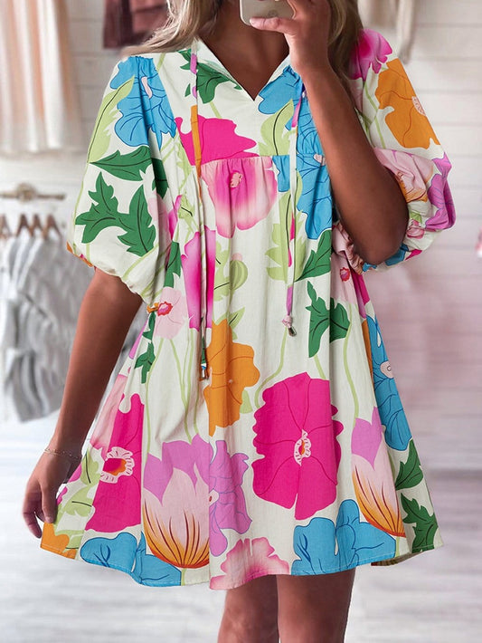 White Floral Print V-Neck Babydoll Mini Dress