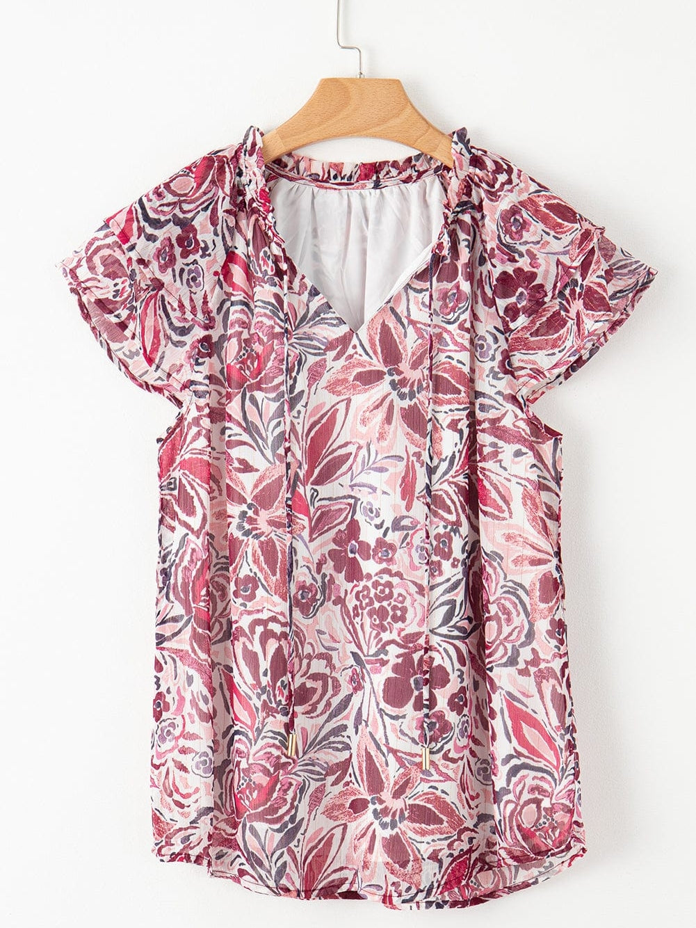 White Floral V-Neck Blouse with Ruffled Sleeves