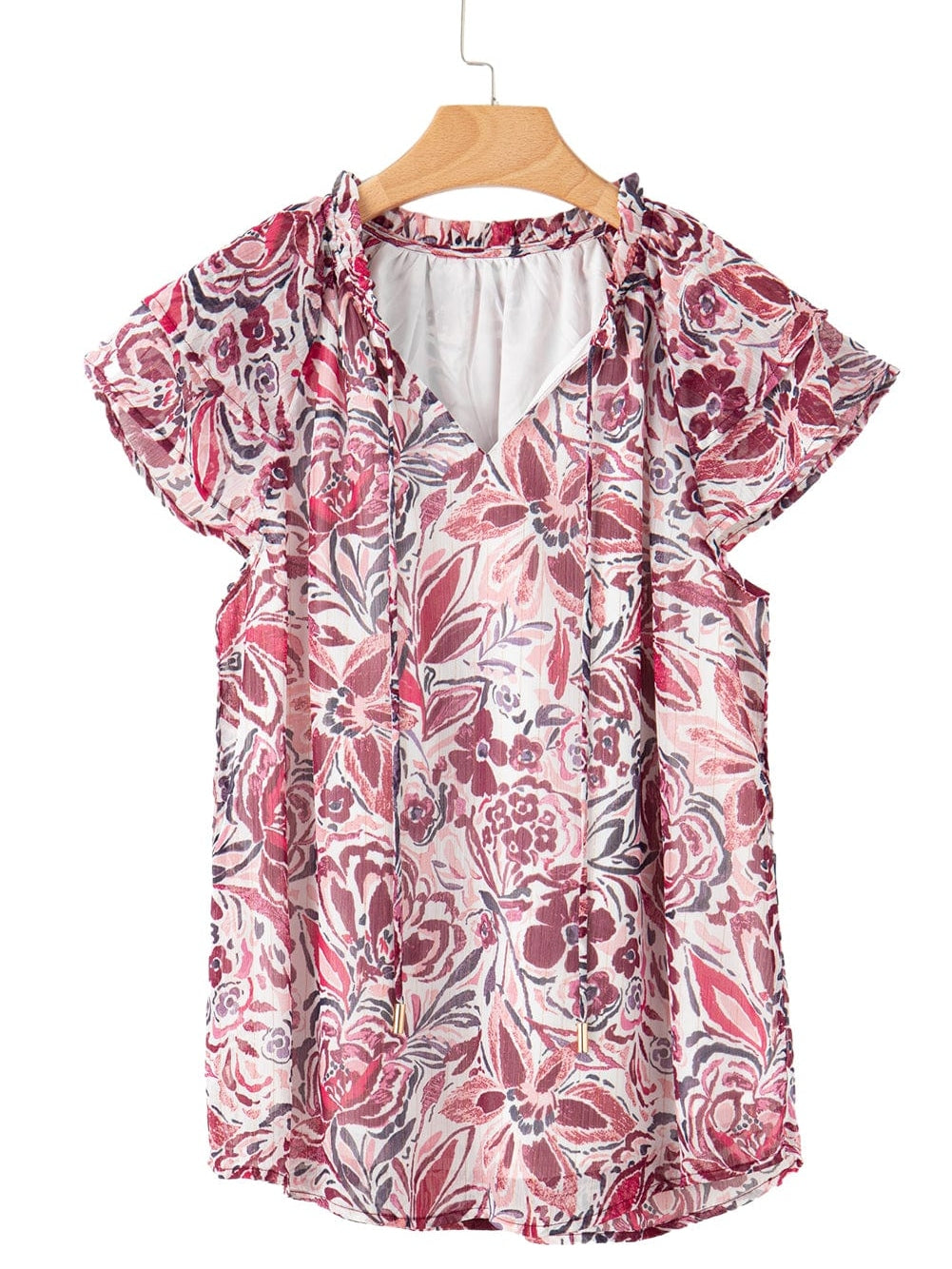 White Floral V-Neck Blouse with Ruffled Sleeves