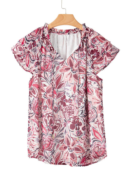 White Floral V-Neck Blouse with Ruffled Sleeves