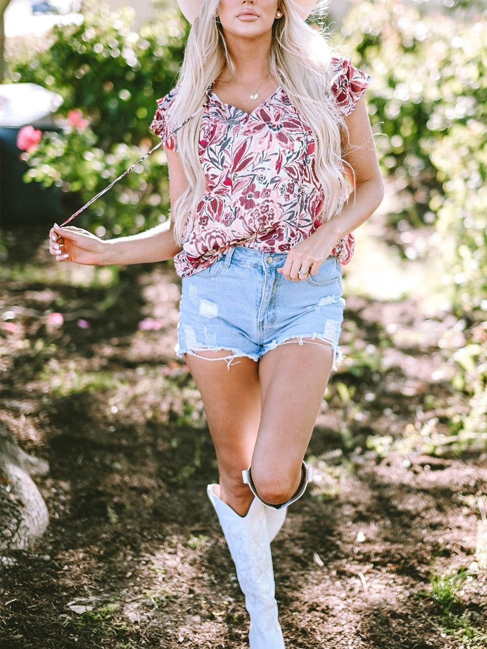 White Floral V-Neck Blouse with Ruffled Sleeves