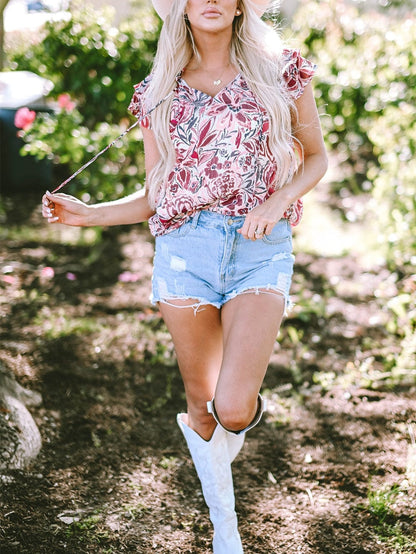 White Floral V-Neck Blouse with Ruffled Sleeves