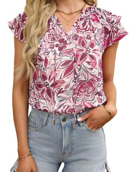 White Floral V-Neck Blouse with Ruffled Sleeves