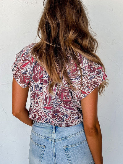 White Floral V-Neck Blouse with Ruffled Sleeves