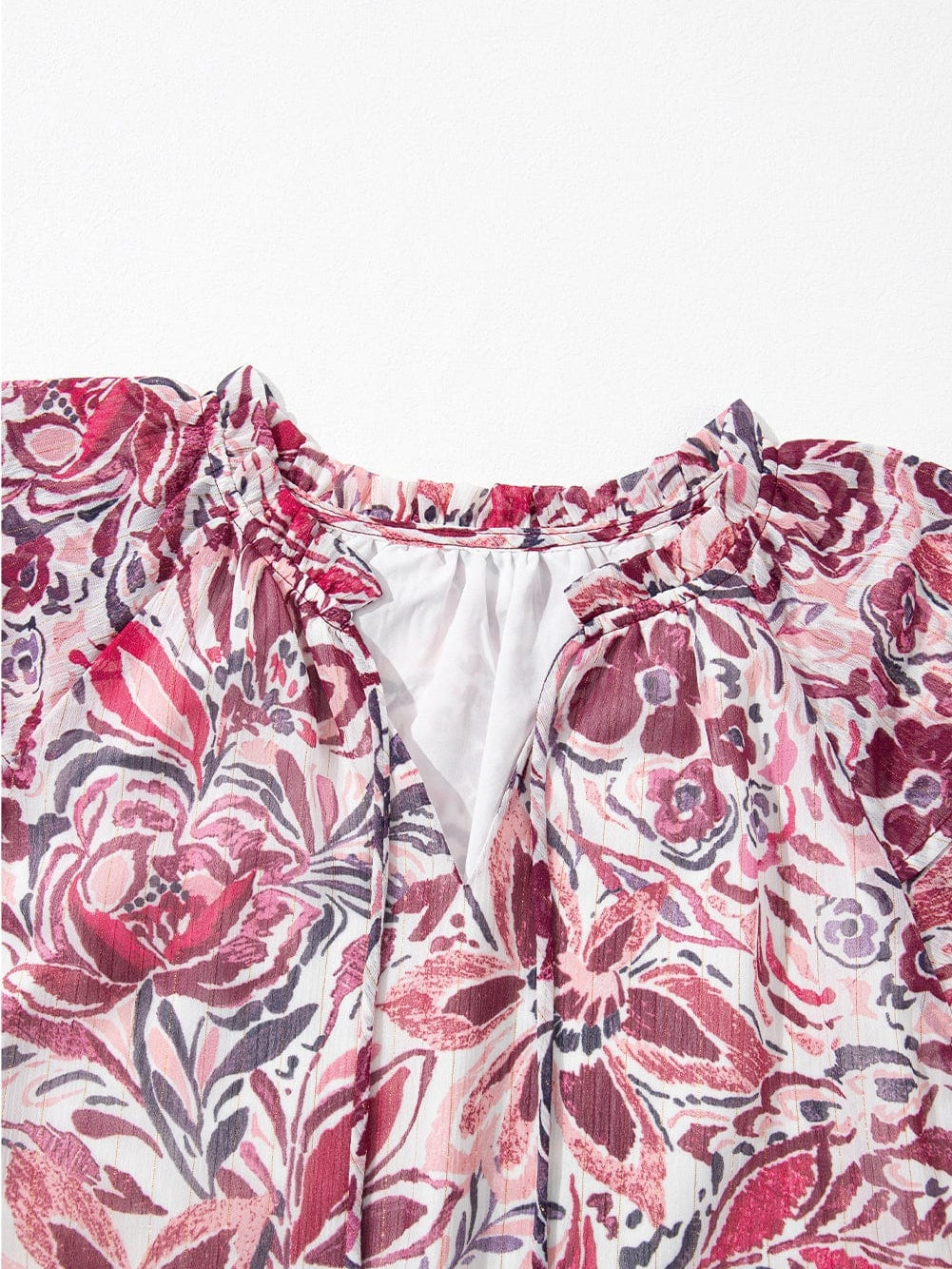 White Floral V-Neck Blouse with Ruffled Sleeves