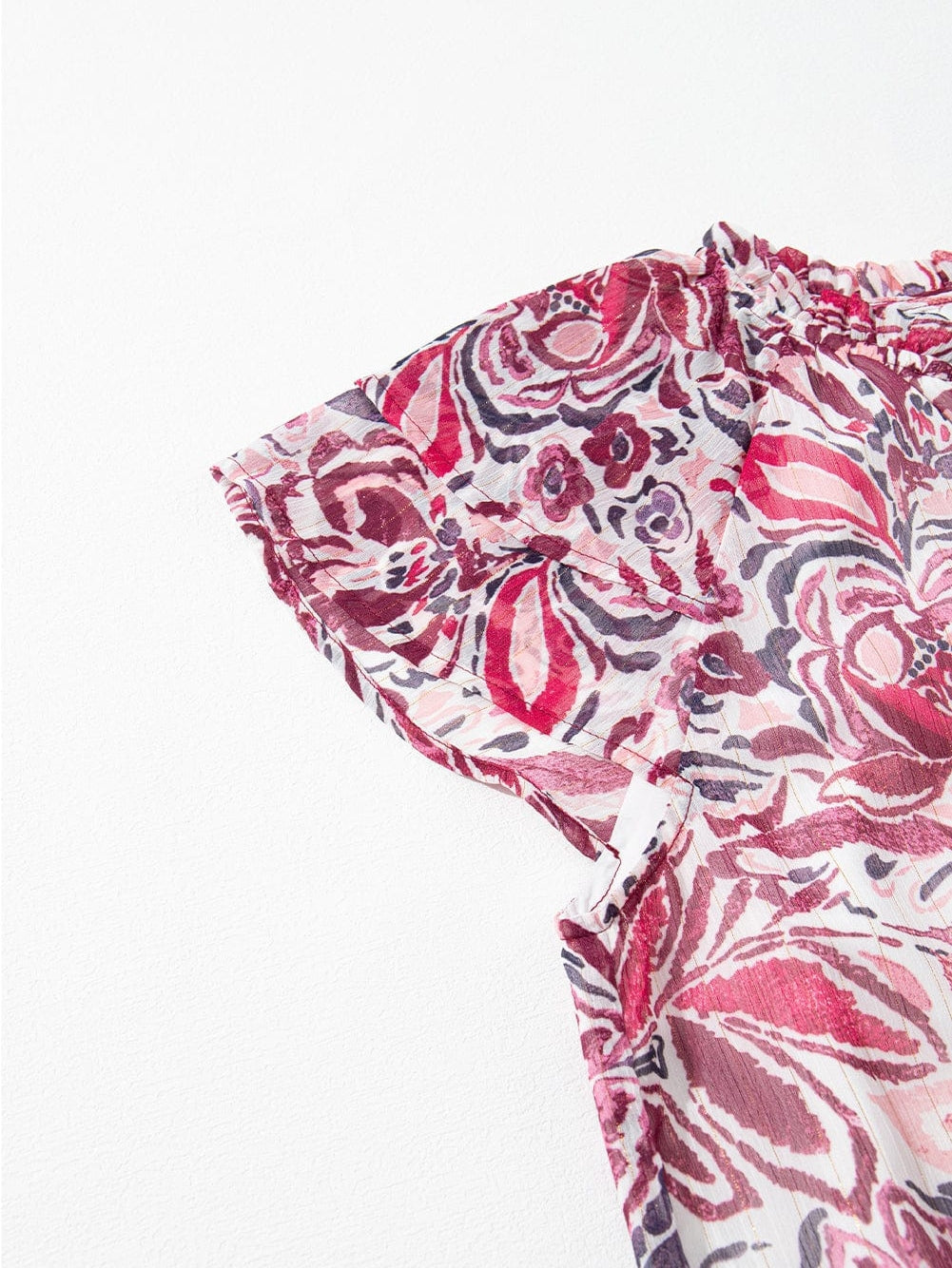 White Floral V-Neck Blouse with Ruffled Sleeves