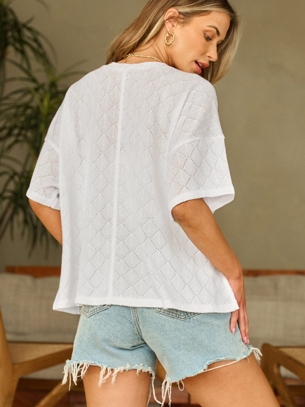 White Flowy Knit V Neck Blouse