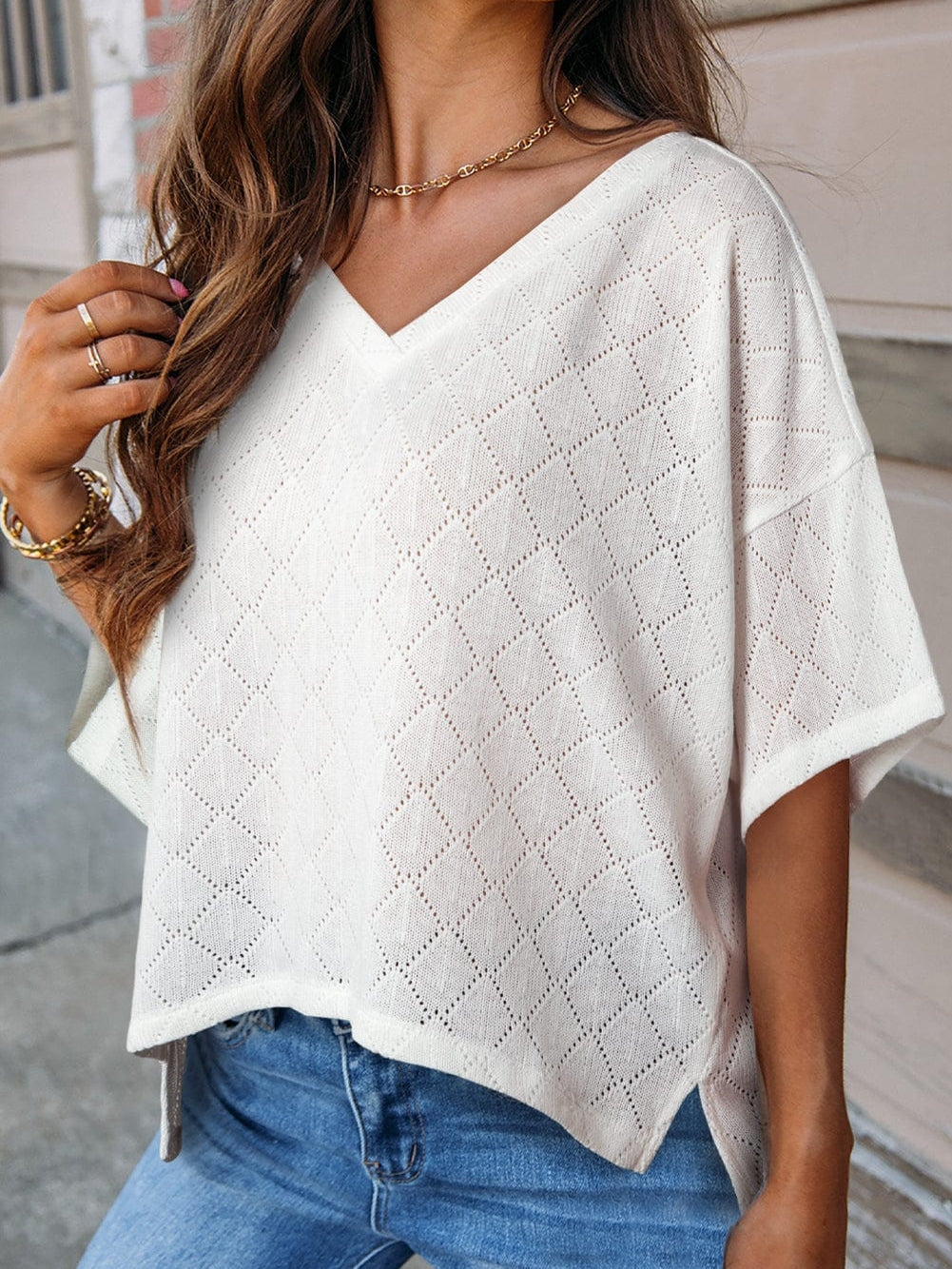 White Flowy Knit V Neck Blouse