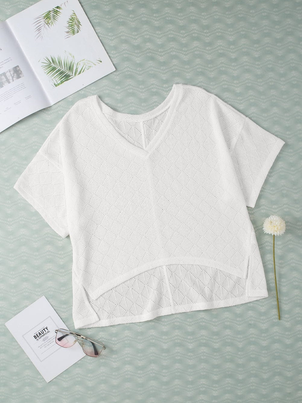White Flowy Knit V Neck Blouse