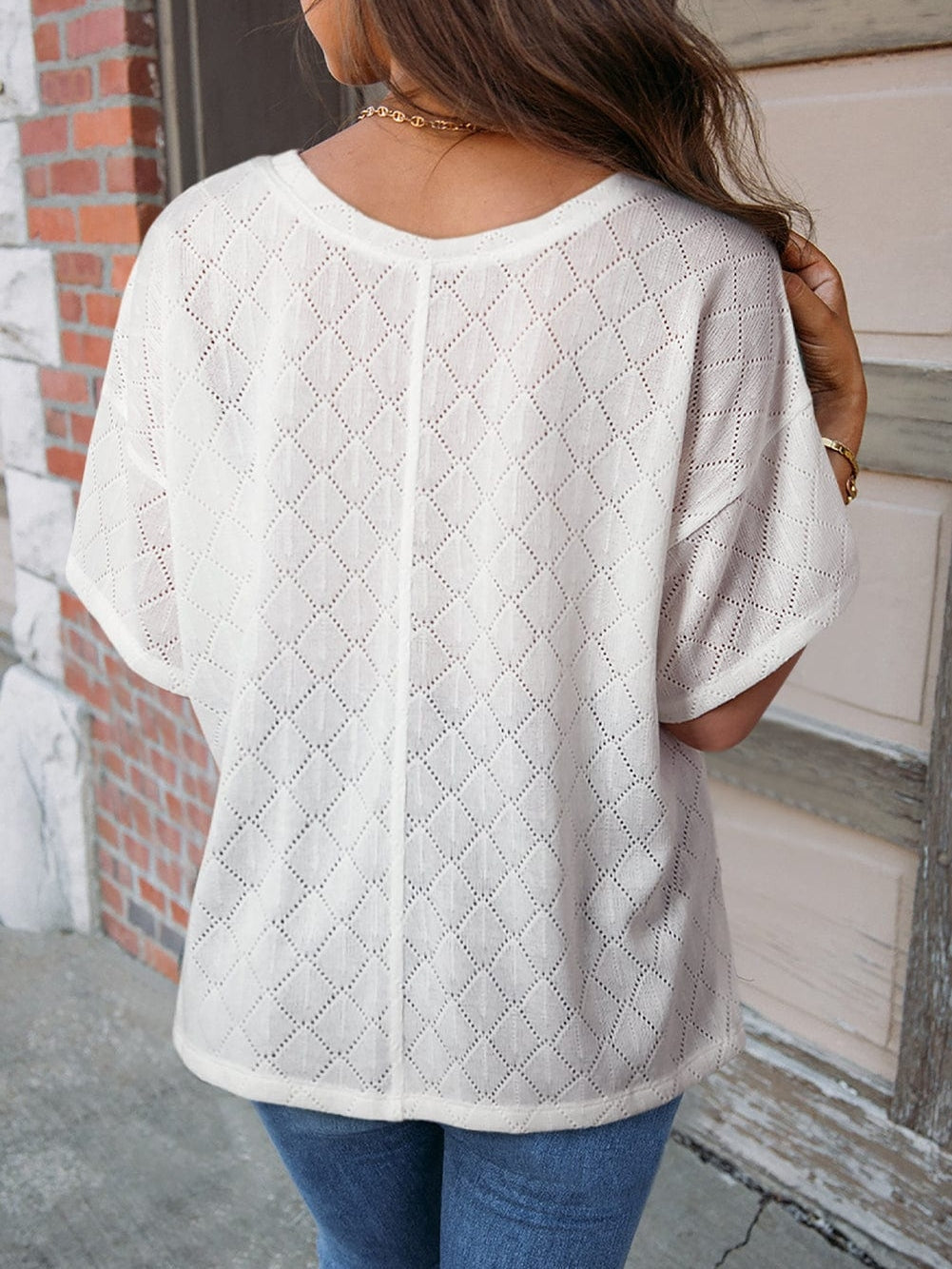 White Flowy Knit V Neck Blouse