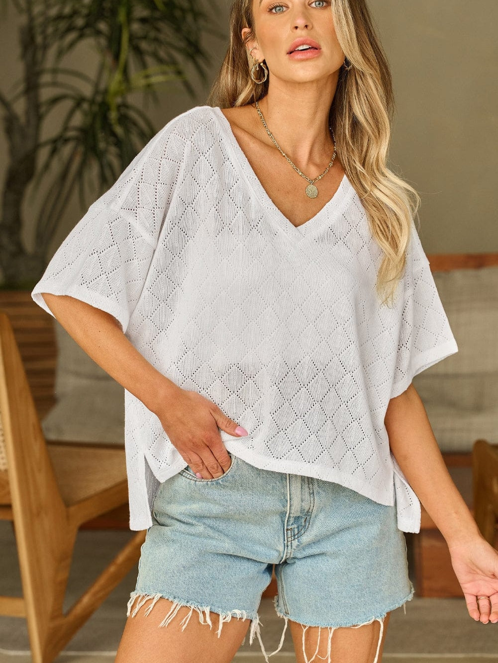 White Flowy Knit V Neck Blouse