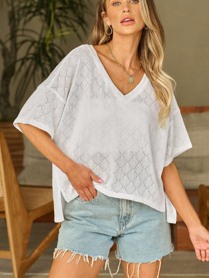 White Flowy Knit V Neck Blouse