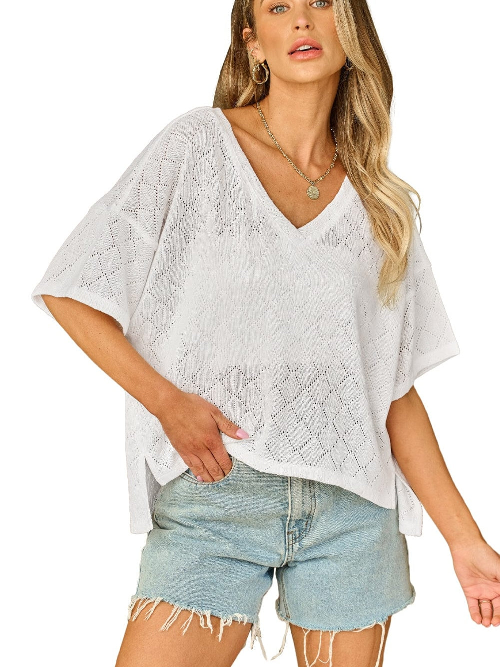 White Flowy Knit V Neck Blouse