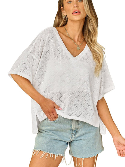 White Flowy Knit V Neck Blouse