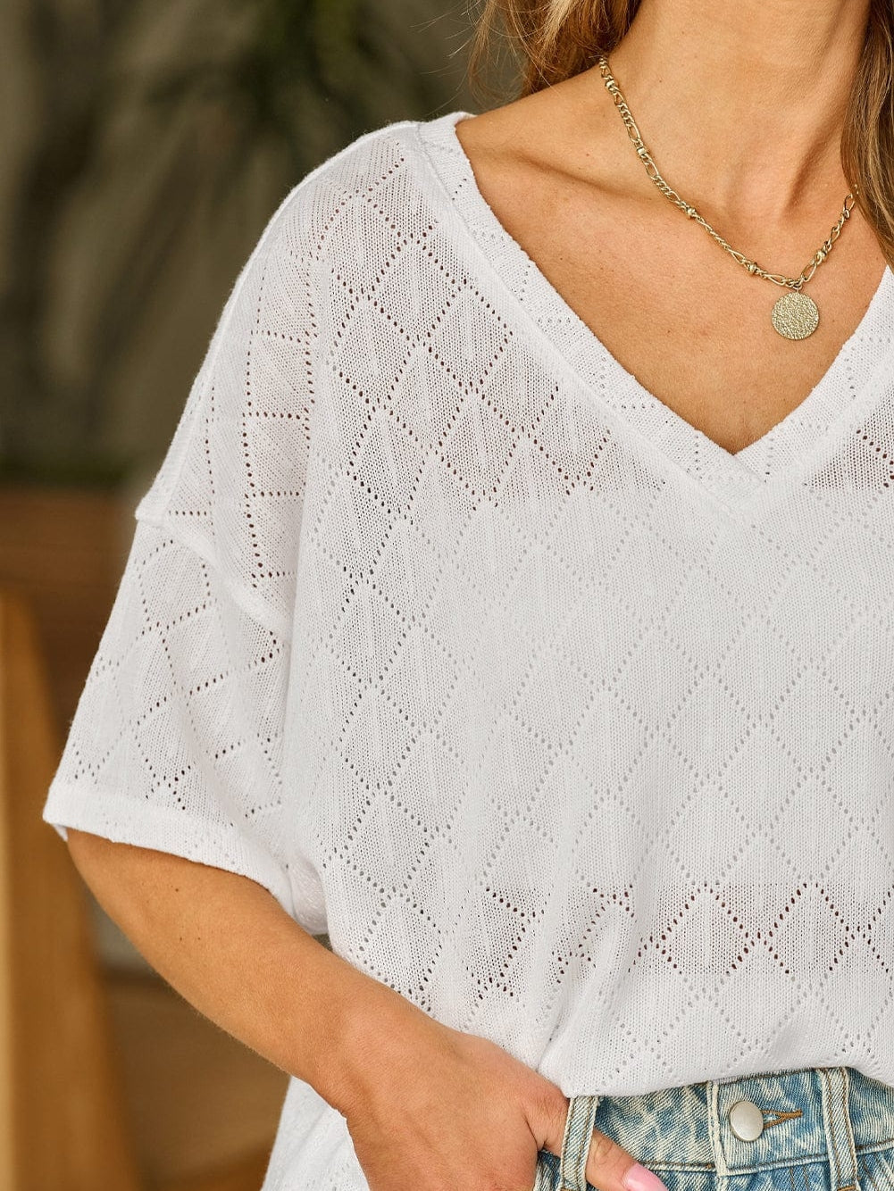White Flowy Knit V Neck Blouse