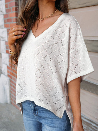 White Flowy Knit V Neck Blouse