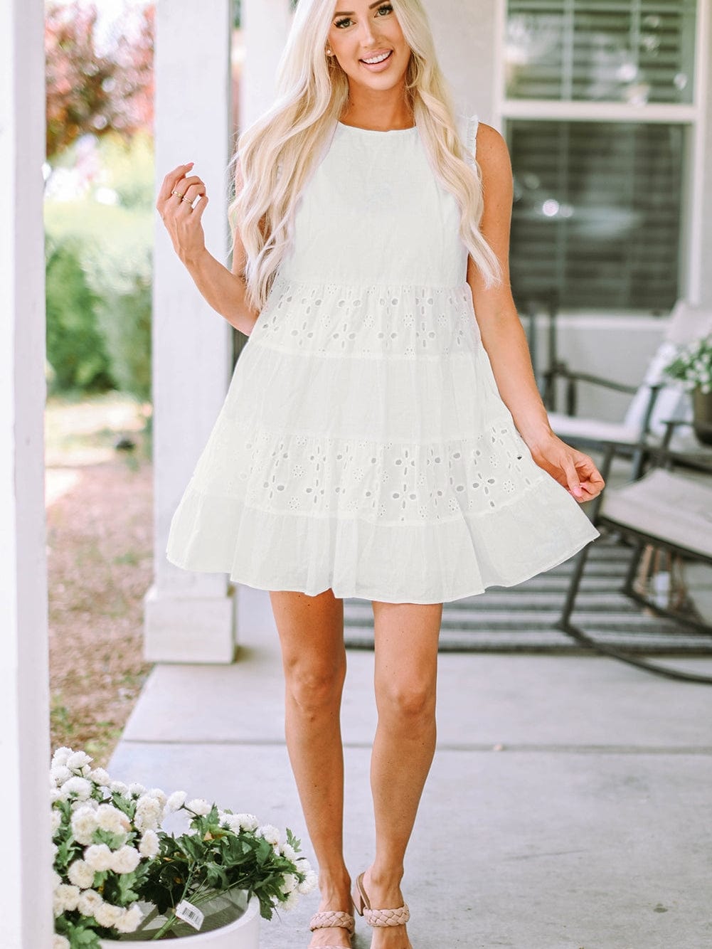 White Frill Embroidered Sleeveless Babydoll Dress