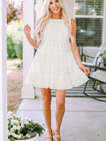 White Frill Embroidered Sleeveless Babydoll Dress