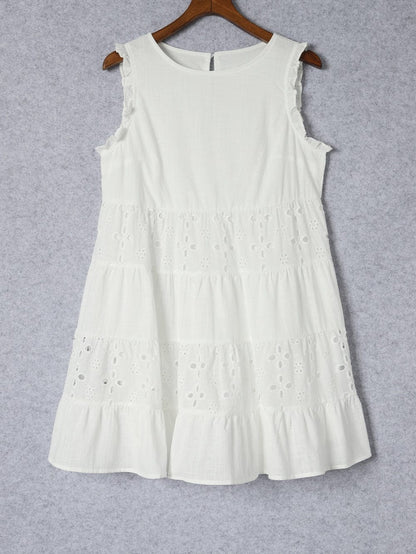 White Frill Embroidered Sleeveless Babydoll Dress