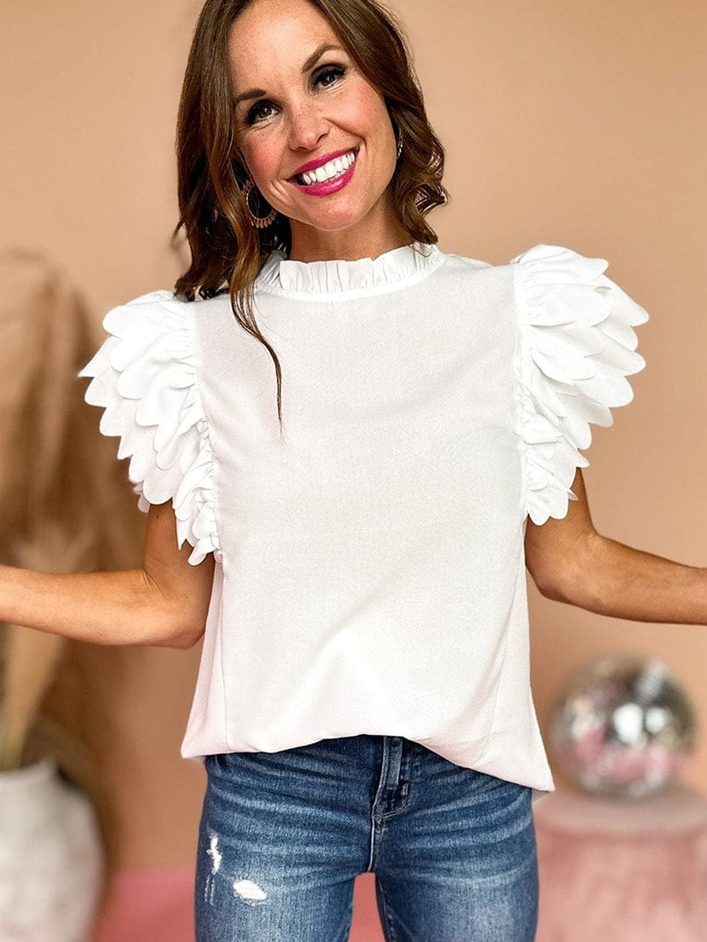 White Frilled Ruffle Sleeve Top with Scalloped Hem