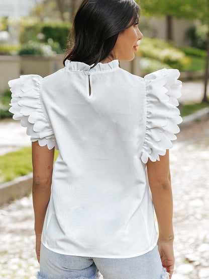 White Frilled Ruffle Sleeve Top with Scalloped Hem