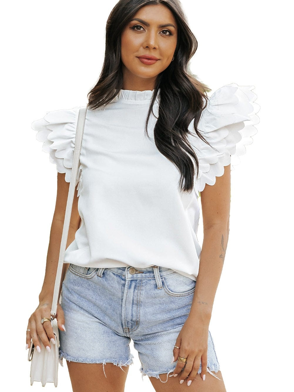 White Frilled Ruffle Sleeve Top with Scalloped Hem