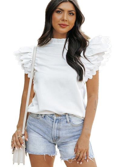 White Frilled Ruffle Sleeve Top with Scalloped Hem