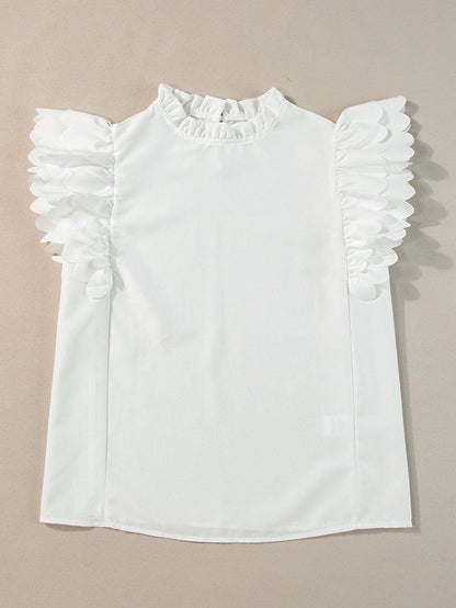White Frilled Ruffle Sleeve Top with Scalloped Hem