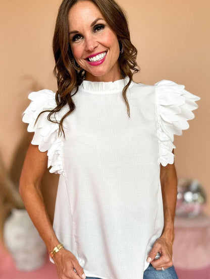 White Frilled Ruffle Sleeve Top with Scalloped Hem