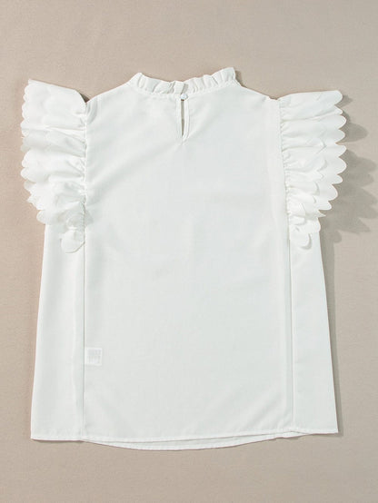White Frilled Ruffle Sleeve Top with Scalloped Hem
