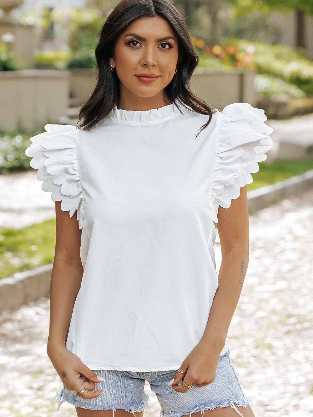 White Frilled Ruffle Sleeve Top with Scalloped Hem