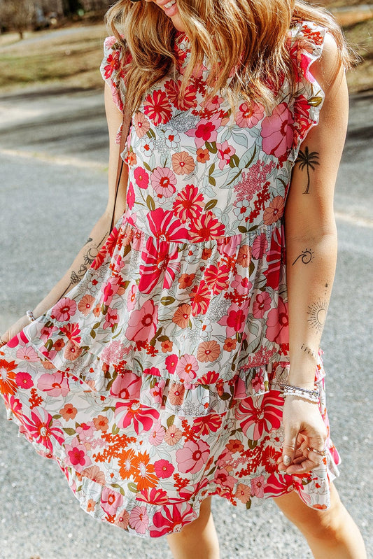 White Frilled Tank Floral Mini Dress