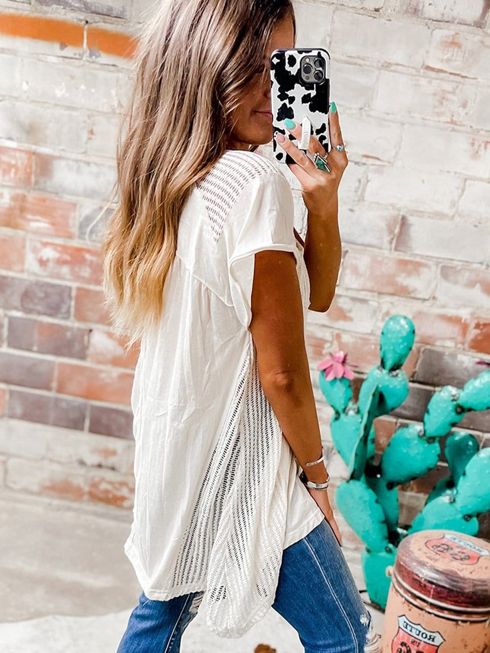 White Hollow Patchwork Keyhole Back Tunic Blouse