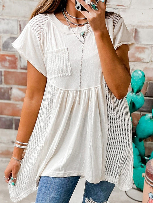 White Hollow Patchwork Keyhole Back Tunic Blouse