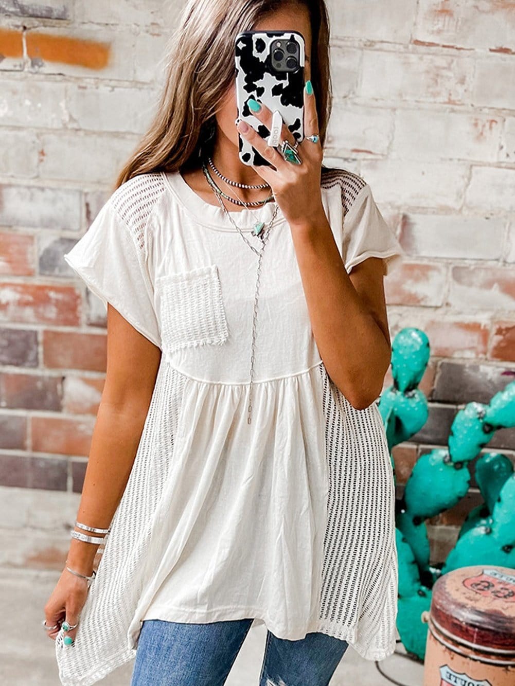 White Hollow Patchwork Keyhole Back Tunic Blouse