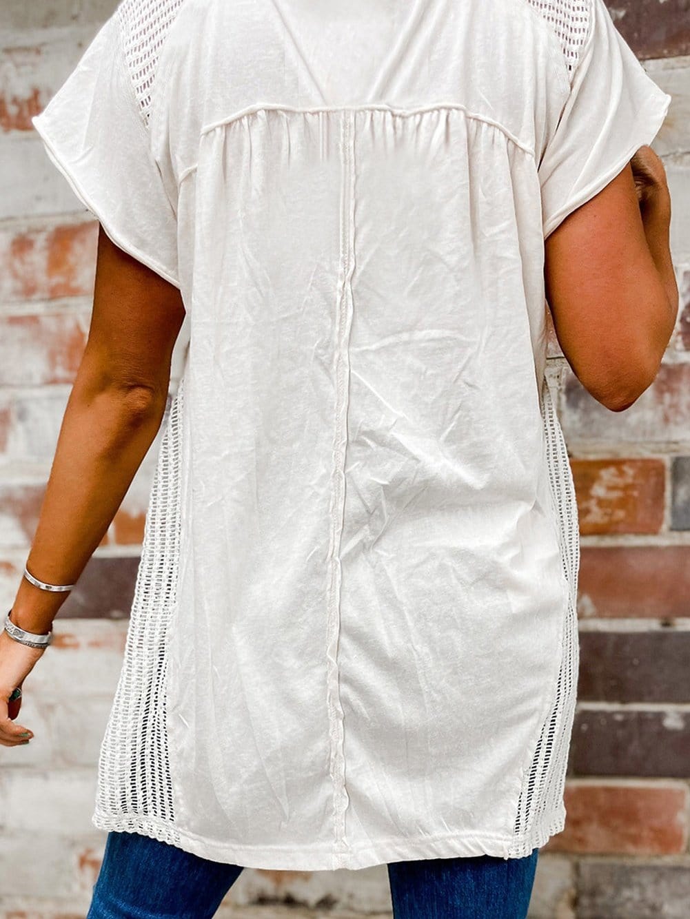 White Hollow Patchwork Keyhole Back Tunic Blouse