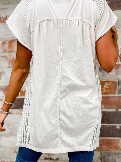 White Hollow Patchwork Keyhole Back Tunic Blouse