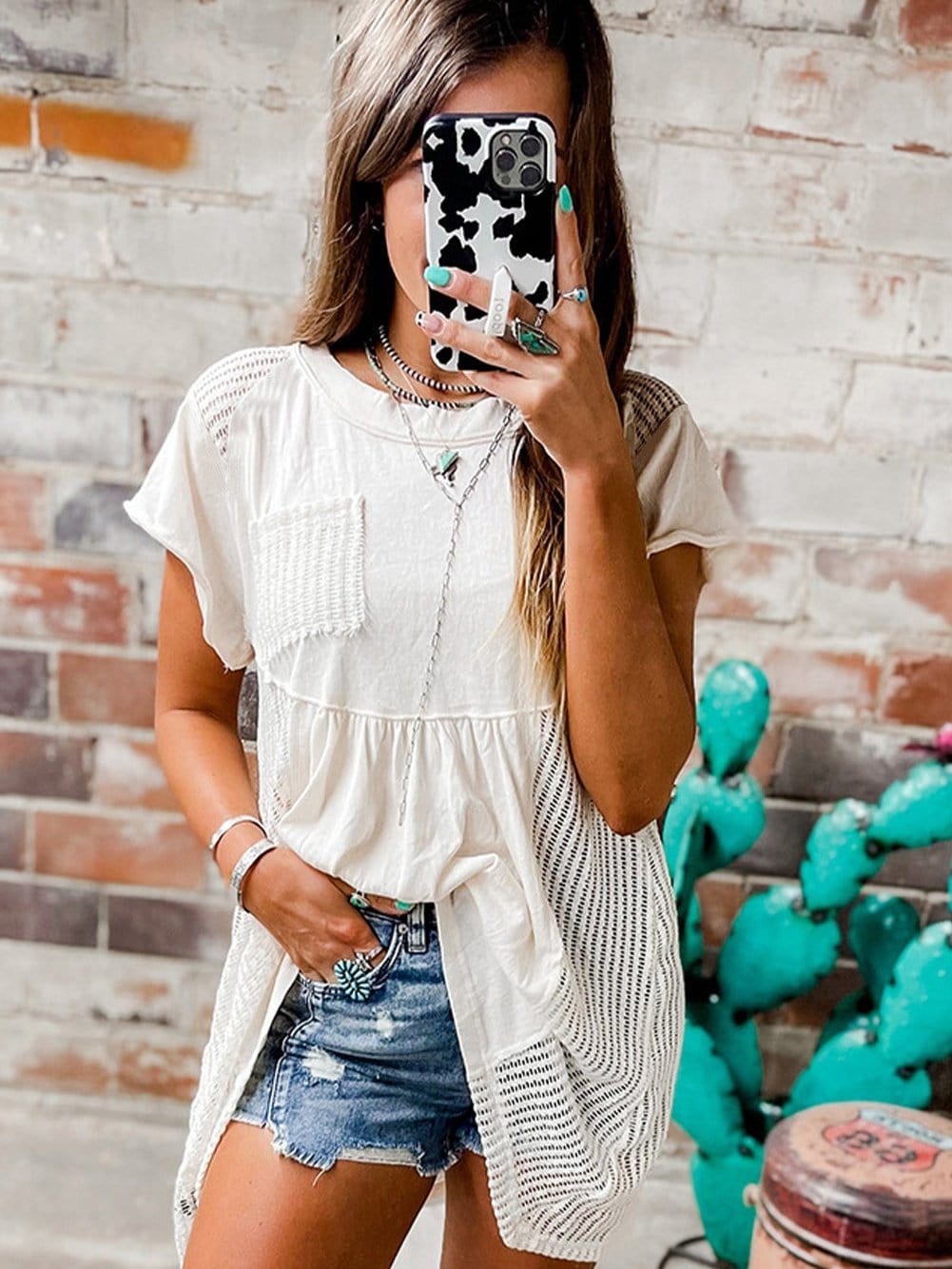 White Hollow Patchwork Keyhole Back Tunic Blouse