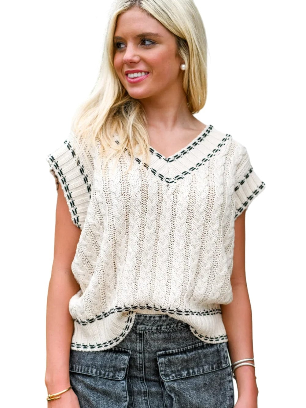 White Knit Sleeveless V Neck Sweater Vest with Contrast Trim
