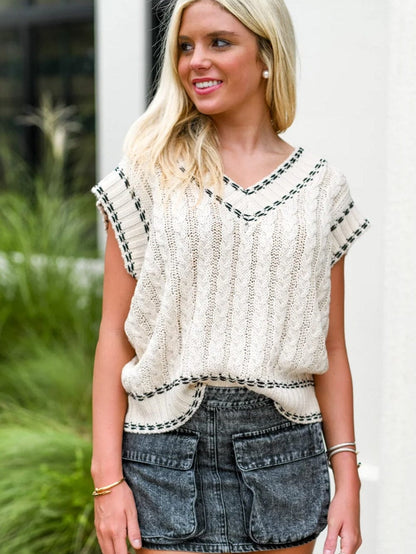 White Knit Sleeveless V Neck Sweater Vest with Contrast Trim
