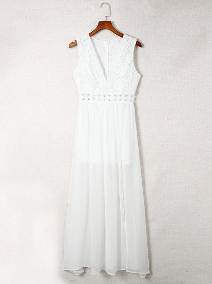 White Lace Hollow Sleeveless V-Neck Maxi Dress