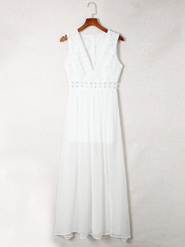 White Lace Hollow Sleeveless V-Neck Maxi Dress