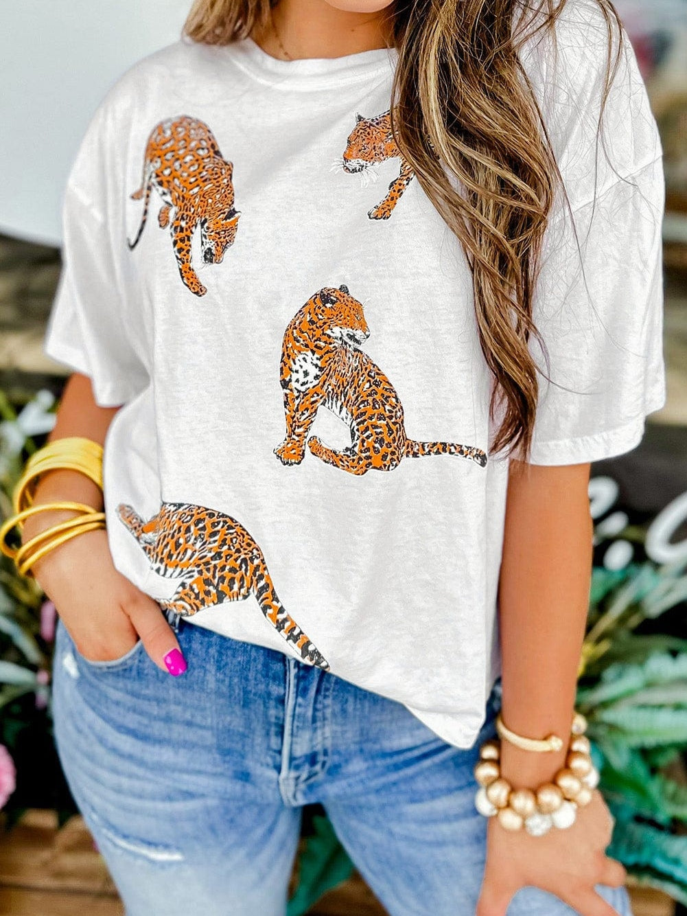 White Leopard Print Drop Shoulder Casual Tee with Round Neck