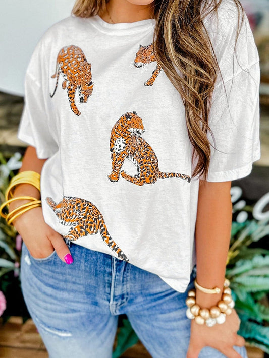 White Leopard Print Drop Shoulder Casual Tee with Round Neck